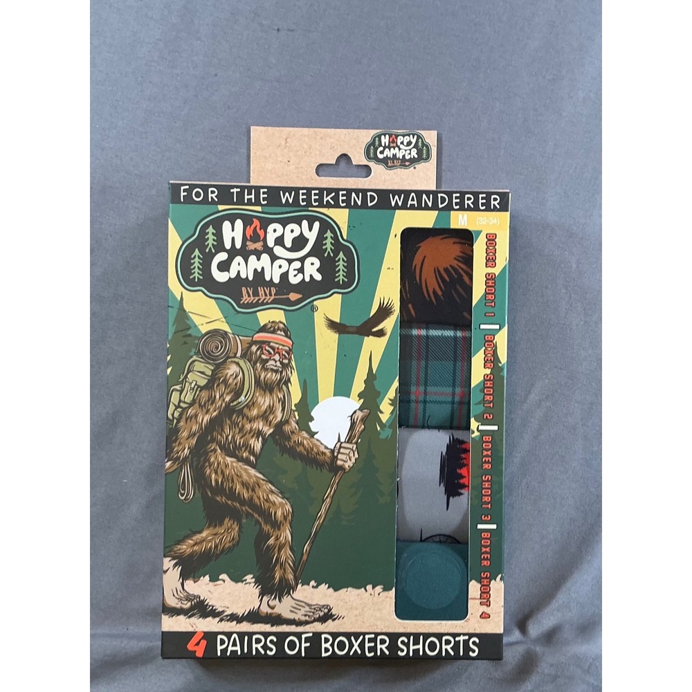 Happy Camper by HYP 4 Pack Boxer Shorts Bigfoot Sasquatch Plaid Medium 32-34